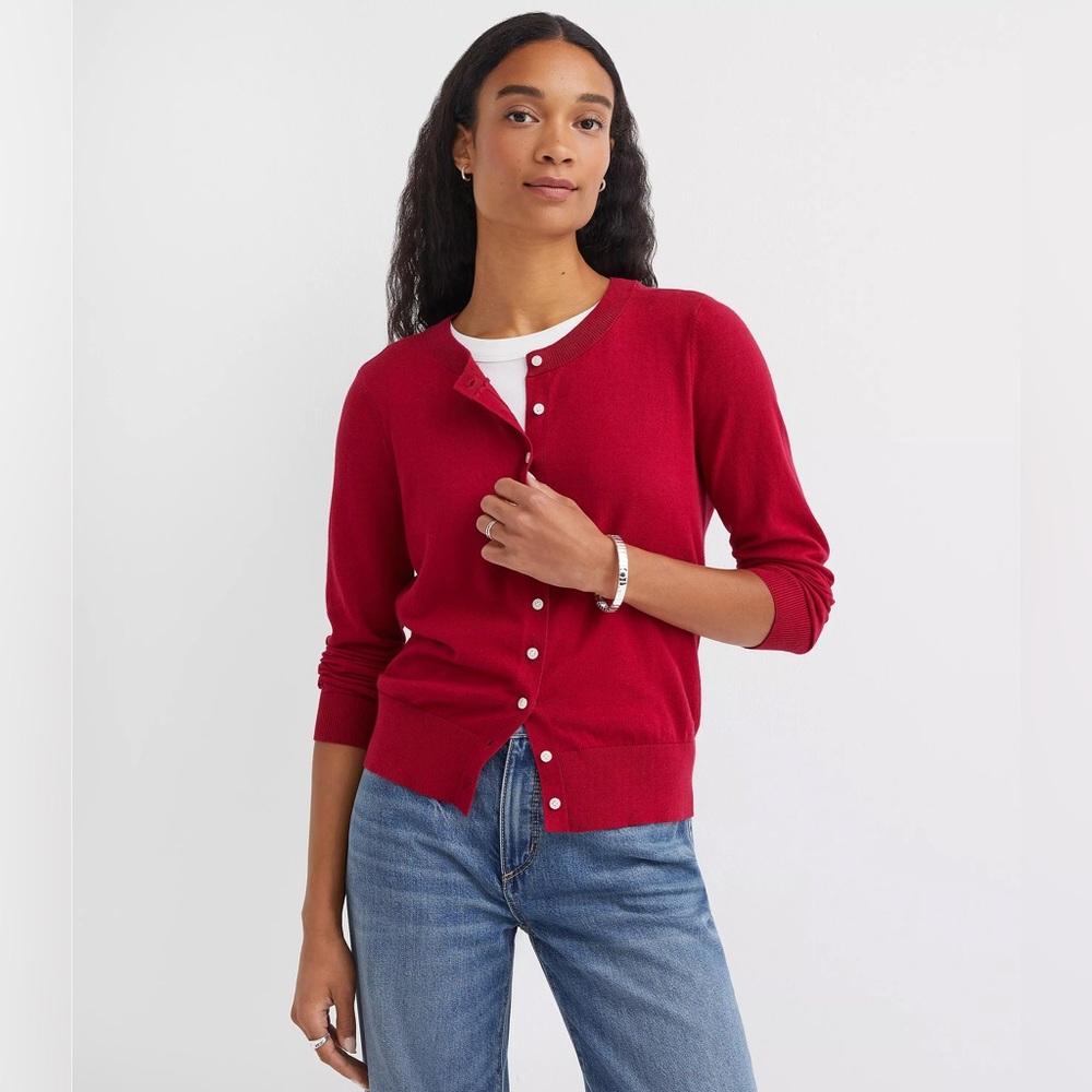 LOFT Modern Crew Neck Cardigan in Burgundy